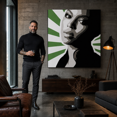 Dipinto a mano POP Art BEYONCÉ 1 pezzo bey4 – quadro in un moderno interno maschile, visualizzazione lifestyle. Colori dominanti: verde, nero, grigio, bianco, rosa.