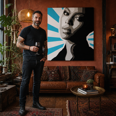 Dipinto a mano POP Art BEYONCÉ 1 pezzo bey5 – quadro in un moderno interno maschile, visualizzazione lifestyle. Colori dominanti: nero, blu, bianco, grigio, marrone.