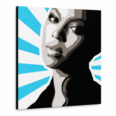 Dipinto a mano POP Art BEYONCÉ 1 pezzo bey5 – Visualizzazione 3D del quadro dipinto a mano su sfondo bianco. Colori dominanti: nero, blu, bianco, grigio, marrone.