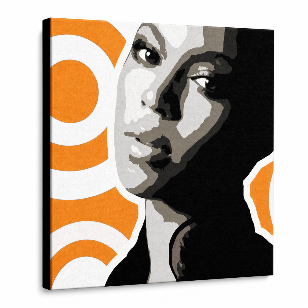 Dipinto a mano POP Art BEYONCÉ 1 pezzo bey6 – Visualizzazione 3D del quadro dipinto a mano su sfondo bianco. Colori dominanti: nero, arancione, bianco, grigio.