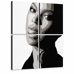 Dipinto a mano POP Art BEYONCÉ 4 pezzi bey – Visualizzazione 3D del quadro dipinto a mano su sfondo bianco. Colori dominanti: nero, bianco, grigio.