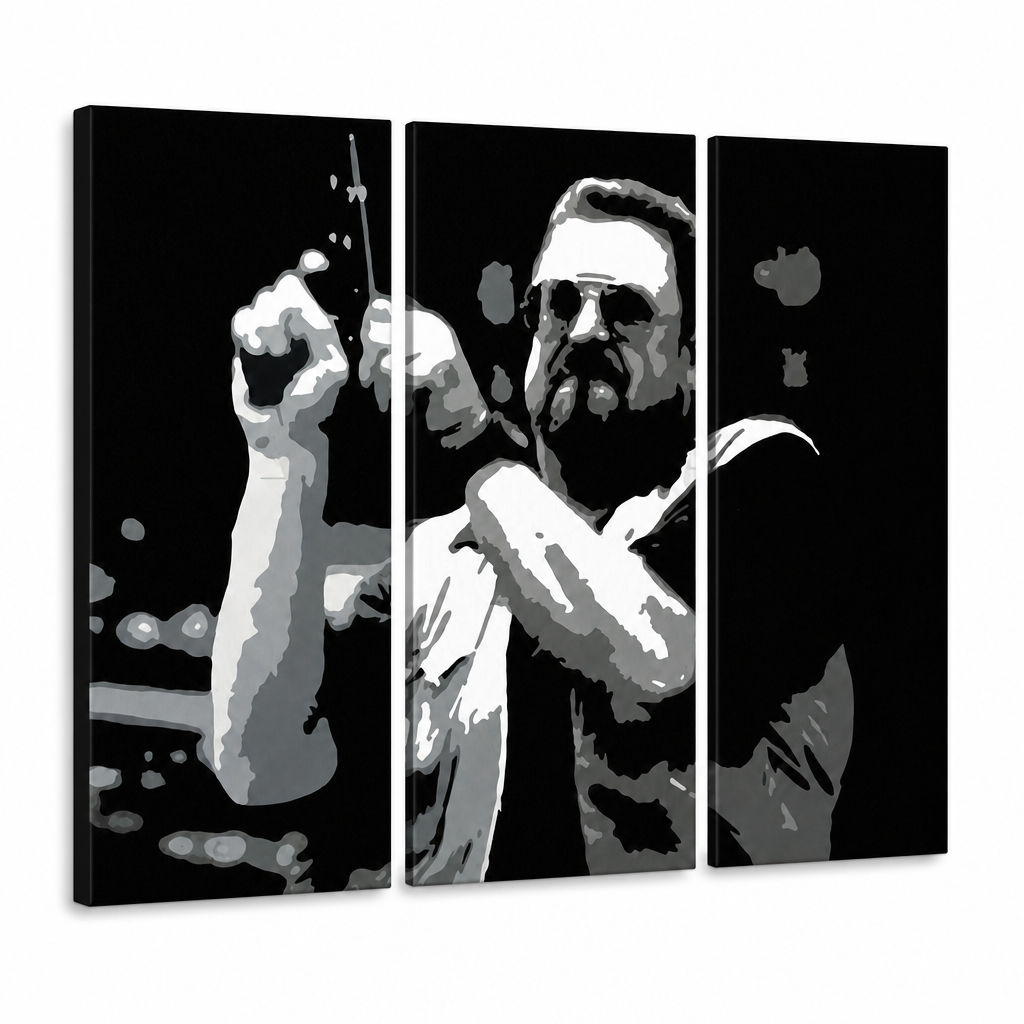 Dipinto a mano POP Art Big Lebowski 3 parti bl – Visualizzazione 3D del quadro dipinto a mano su sfondo bianco. Colori dominanti: nero, bianco, grigio.