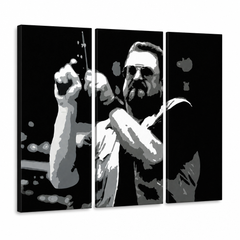 Dipinto a mano POP Art Big Lebowski 3 parti bl – Visualizzazione 3D del quadro dipinto a mano su sfondo bianco. Colori dominanti: nero, bianco, grigio.