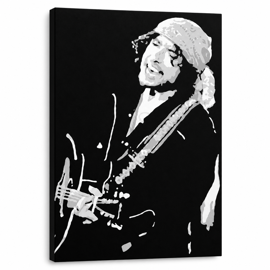 Dipinto a mano POP Art Bob Dylan 1 parte bd – Visualizzazione 3D del quadro dipinto a mano su sfondo bianco. Colori dominanti: nero, bianco, grigio.