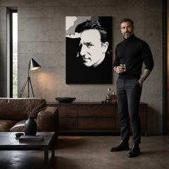 Dipinto a mano POP Art Bono-U2 1 pezzo bono – quadro in un moderno interno maschile, visualizzazione lifestyle. Colori dominanti: nero, bianco, grigio.