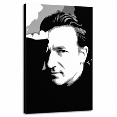Dipinto a mano POP Art Bono-U2 1 pezzo bono – Visualizzazione 3D del quadro dipinto a mano su sfondo bianco. Colori dominanti: nero, bianco, grigio.