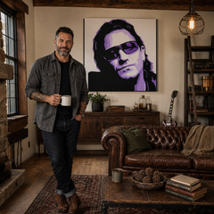 Dipinto a mano POP Art Bono-U2 1 pezzo bono3 – quadro in un moderno interno maschile, visualizzazione lifestyle. Colori dominanti: nero, viola, bianco.