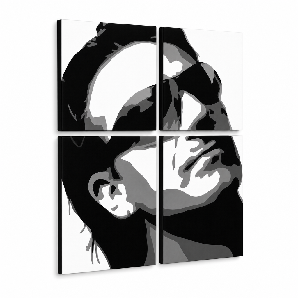 Dipinto a mano POP Art Bono-U2 4 pezzi bono2 – Visualizzazione 3D del quadro dipinto a mano su sfondo bianco. Colori dominanti: nero, bianco, grigio.