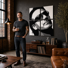 Dipinto a mano POP Art Bono-U2 4 pezzi bono2 – quadro in un moderno interno maschile, visualizzazione lifestyle. Colori dominanti: nero, bianco, grigio.