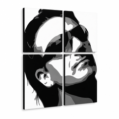 Dipinto a mano POP Art Bono-U2 4 pezzi bono2 – Visualizzazione 3D del quadro dipinto a mano su sfondo bianco. Colori dominanti: nero, bianco, grigio.