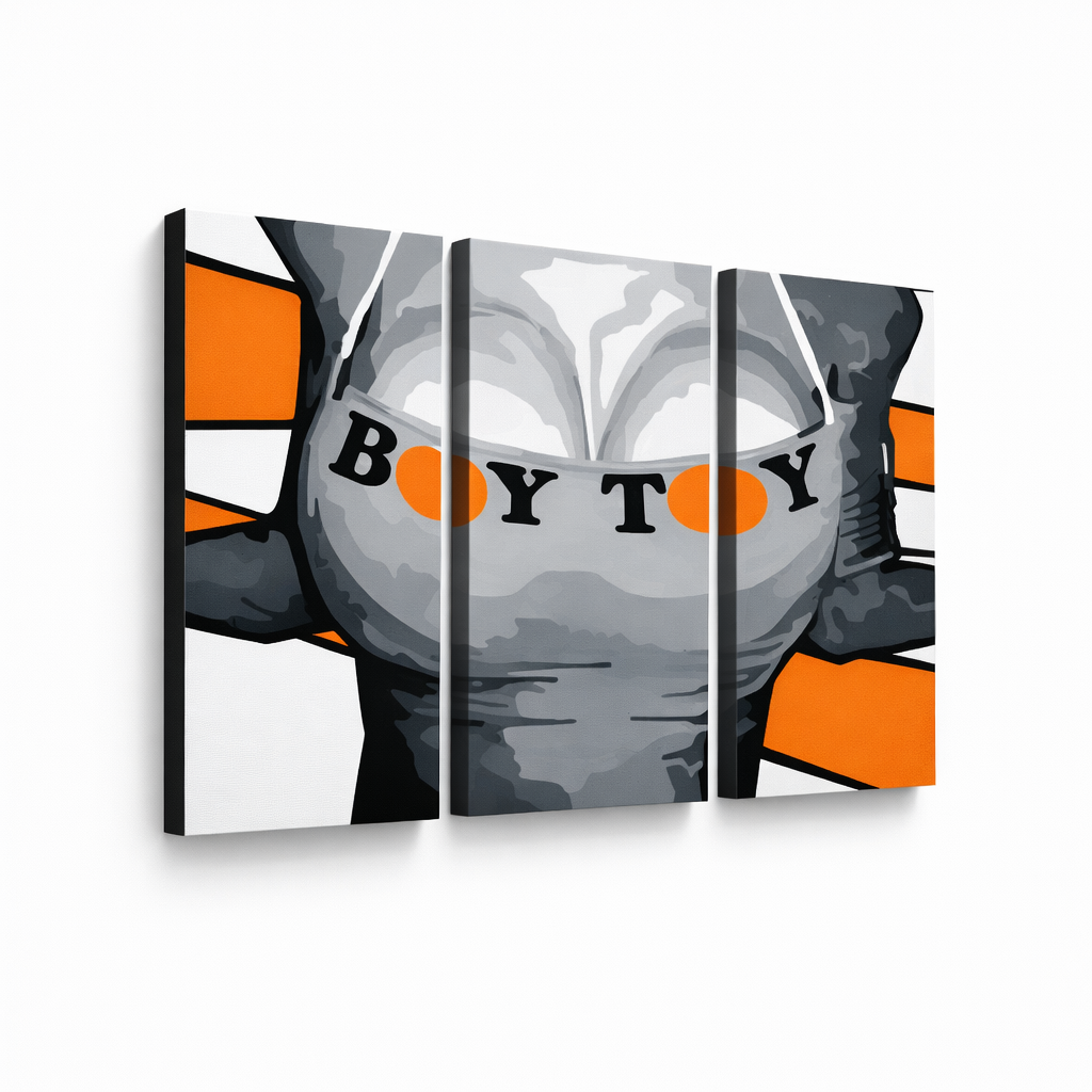 Dipinto a mano POP Art Boy Toy 3 pezzi boytoy – Visualizzazione 3D del quadro dipinto a mano su sfondo bianco. Colori dominanti: nero, arancione, grigio.