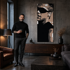 Dipinto a mano POP Art Brad Pitt 1 pezzo bp – quadro in un moderno interno maschile, visualizzazione lifestyle. Colori dominanti: nero, marrone, bianco.