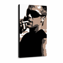 Dipinto a mano POP Art Brad Pitt 1 pezzo bp – Visualizzazione 3D del quadro dipinto a mano su sfondo bianco. Colori dominanti: nero, marrone, bianco.