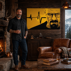 Dipinto a mano POP Art BREAKING BAD 1 pezzo brb2 – quadro in un moderno interno maschile, visualizzazione lifestyle. Colori dominanti: giallo, nero, marrone.