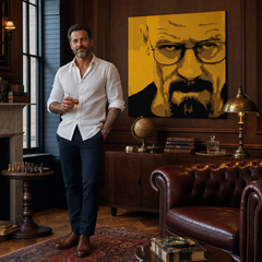 Dipinto a mano POP Art Breaking Bad 4 pezzi brb – quadro in un moderno interno maschile, visualizzazione lifestyle. Colori dominanti: giallo, nero, marrone.