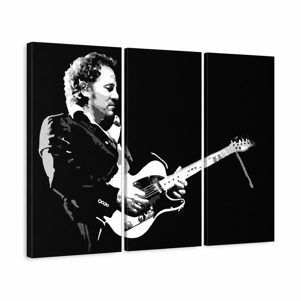 Dipinto a mano POP Art Bruce Springsteen 3 pezzi bs – Visualizzazione 3D del quadro dipinto a mano su sfondo bianco. Colori dominanti: nero, bianco, grigio.