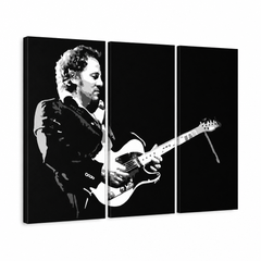 Dipinto a mano POP Art Bruce Springsteen 3 pezzi bs – Visualizzazione 3D del quadro dipinto a mano su sfondo bianco. Colori dominanti: nero, bianco, grigio.
