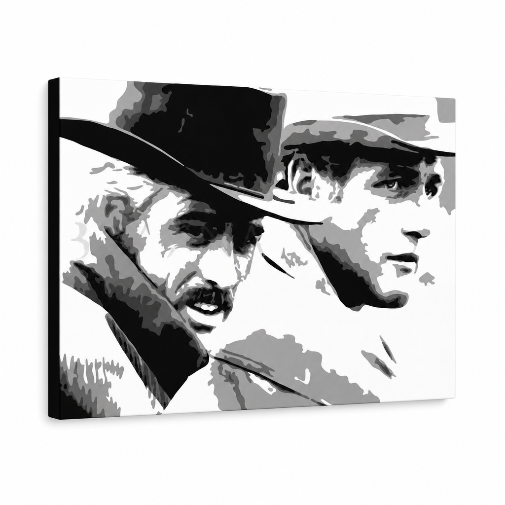 Dipinto a mano POP Art Butch Cassidy 1 pezzo bc – Visualizzazione 3D del quadro dipinto a mano su sfondo bianco. Colori dominanti: nero, bianco, grigio.