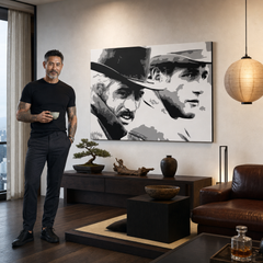 Dipinto a mano POP Art Butch Cassidy 1 pezzo bc – quadro in un moderno interno maschile, visualizzazione lifestyle. Colori dominanti: nero, bianco, grigio.