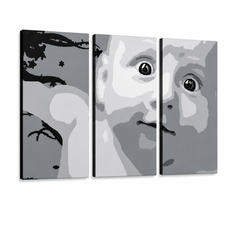 Dipinto a mano POP Art CHILD 3 parti bambino – Visualizzazione 3D del quadro dipinto a mano su sfondo bianco. Colori dominanti: bianco, nero, grigio.