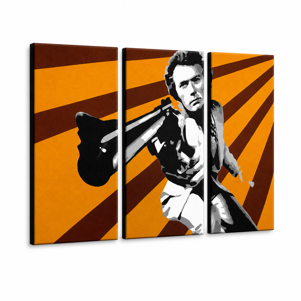 Dipinto a mano POP Art Clint Eastwood 3 parti ce – Visualizzazione 3D del quadro dipinto a mano su sfondo bianco. Colori dominanti: arancione, marrone, nero.