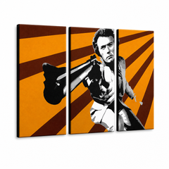 Dipinto a mano POP Art Clint Eastwood 3 parti ce – Visualizzazione 3D del quadro dipinto a mano su sfondo bianco. Colori dominanti: arancione, marrone, nero.