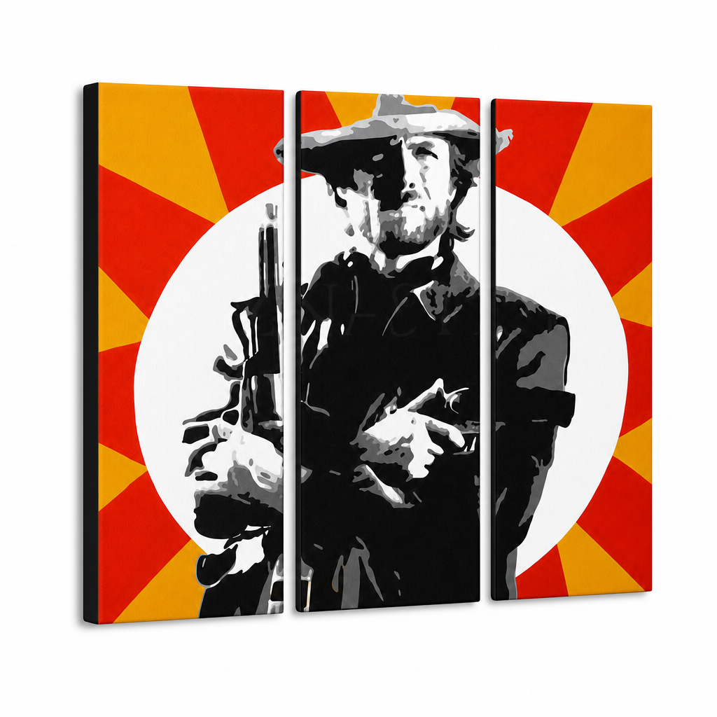 Dipinto a mano POP Art Clint Eastwood 3 pezzi ce2 – Visualizzazione 3D del quadro dipinto a mano su sfondo bianco. Colori dominanti: nero, giallo, rosso, bianco.