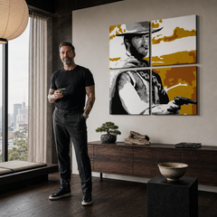 Dipinto a mano POP Art Clint Eastwood 3 pezzi ce3 – quadro in un moderno interno maschile, visualizzazione lifestyle. Colori dominanti: nero, arancione, bianco, grigio, marrone.