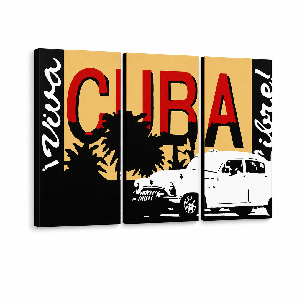 Dipinto a mano POP Art Cuba 3 pezzi cuba – Visualizzazione 3D del quadro dipinto a mano su sfondo bianco. Colori dominanti: nero, rosso, arancione, giallo, bianco.