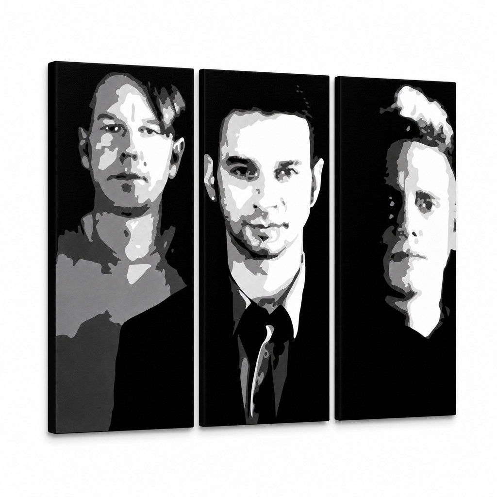 Dipinto a mano POP Art dei Depeche Mode 3 parti 000 dep – Visualizzazione 3D del quadro dipinto a mano su sfondo bianco. Colori dominanti: nero, bianco, grigio.