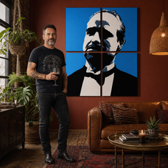 Dipinto a mano POP Art di Marlon Brando 4 parti mb4 – quadro in un moderno interno maschile, visualizzazione lifestyle. Colori dominanti: blu, nero, bianco.