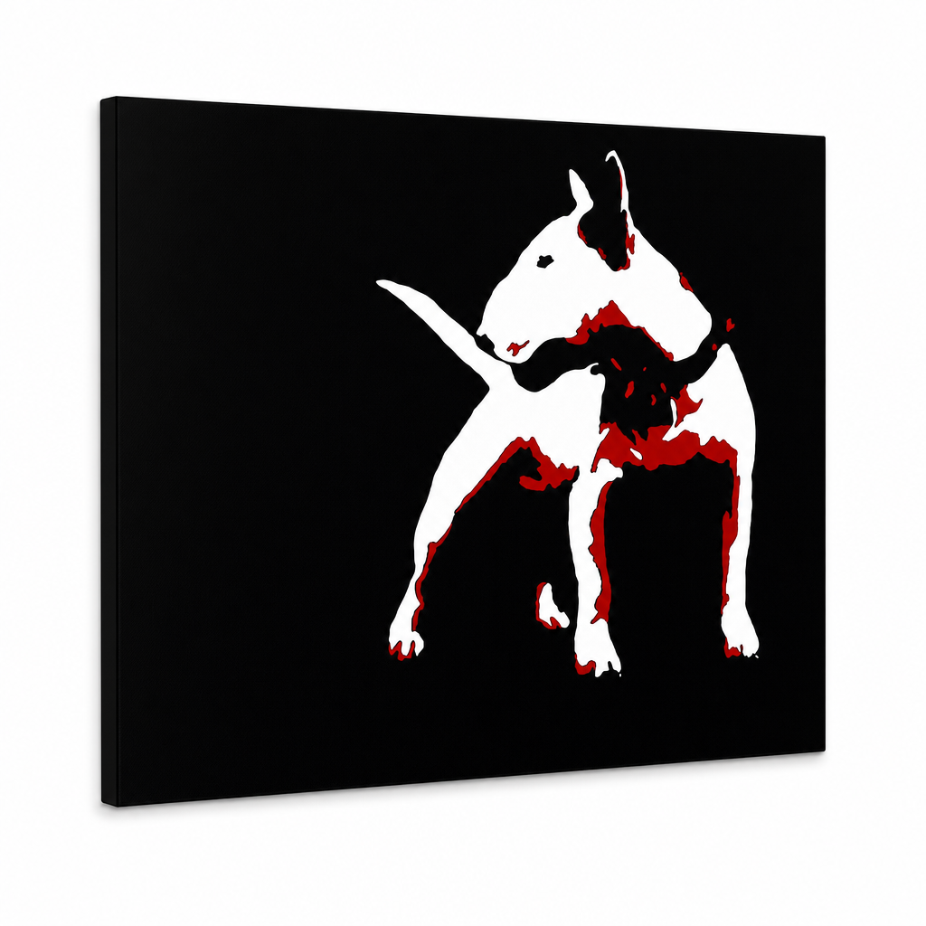 Dipinto a mano POP Art dipinto Cane 1 pezzo cane – Visualizzazione 3D del quadro dipinto a mano su sfondo bianco. Colori dominanti: nero, bianco, rosso.