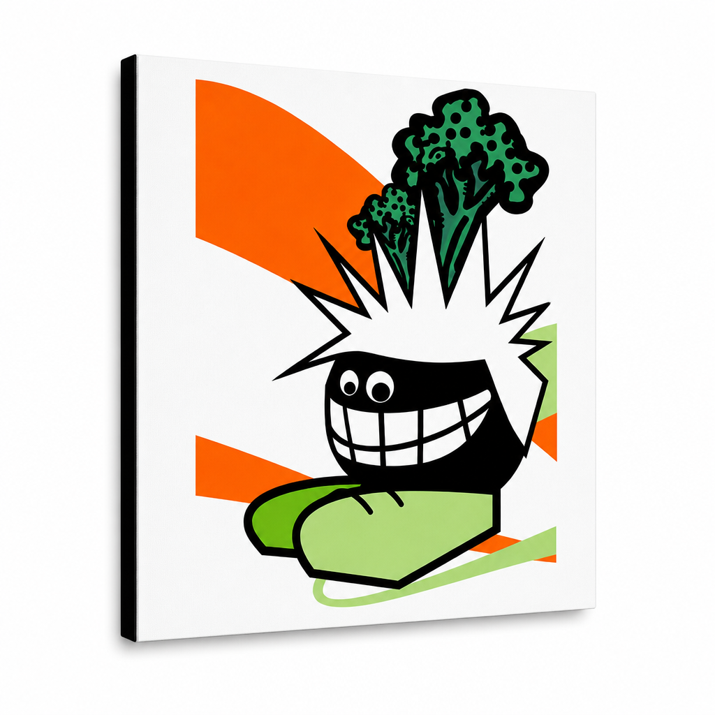 Dipinto a mano POP Art divertente 1 pezzo funy – Visualizzazione 3D del quadro dipinto a mano su sfondo bianco. Colori dominanti: arancione, nero, verde.