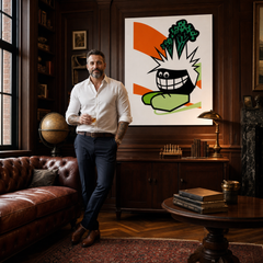Dipinto a mano POP Art divertente 1 pezzo funy – quadro in un moderno interno maschile, visualizzazione lifestyle. Colori dominanti: arancione, nero, verde.