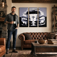 Dipinto a mano POP Art Dodge Viper GTS 3 pezzi vip – quadro in un moderno interno maschile, visualizzazione lifestyle. Colori dominanti: nero, grigio, bianco.