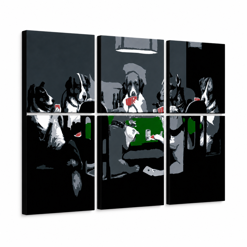 Dipinto a mano POP Art DOGS 6 pezzi cani – Visualizzazione 3D del quadro dipinto a mano su sfondo bianco. Colori dominanti: nero, bianco, verde, grigio, rosso.