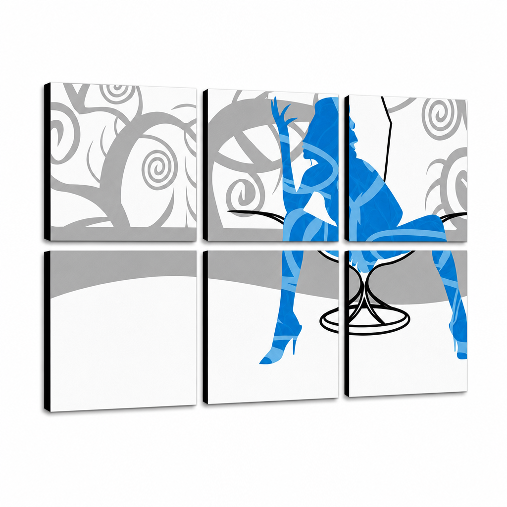 Dipinto a mano POP Art Donna blu 6 pezzi bw – Visualizzazione 3D del quadro dipinto a mano su sfondo bianco. Colori dominanti: blu, grigio, bianco.