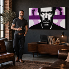 Dipinto a mano POP Art Dr. HOUSE 1 pezzo 1010 dh – quadro in un moderno interno maschile, visualizzazione lifestyle. Colori dominanti: nero, bianco, viola, rosa, grigio.