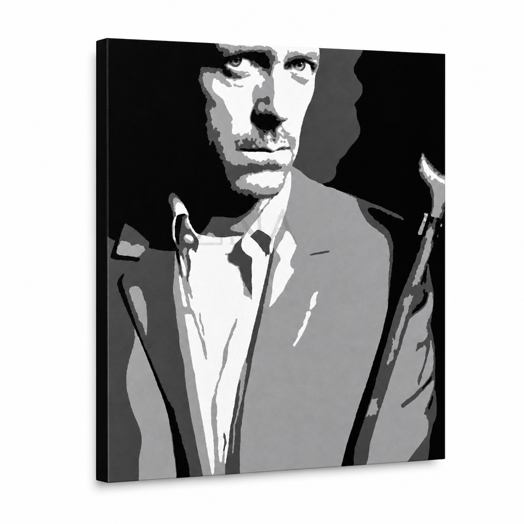 Dipinto a mano POP Art Dr. HOUSE 1 pezzo dh2 – Visualizzazione 3D del quadro dipinto a mano su sfondo bianco. Colori dominanti: nero, bianco, grigio.