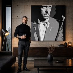 Dipinto a mano POP Art Dr. HOUSE 1 pezzo dh2 – quadro in un moderno interno maschile, visualizzazione lifestyle. Colori dominanti: nero, bianco, grigio.