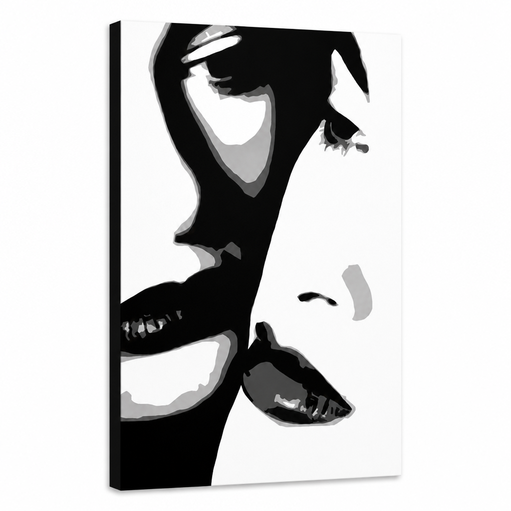 Dipinto a mano POP Art Due donne 1 pezzo 00 2w – Visualizzazione 3D del quadro dipinto a mano su sfondo bianco. Colori dominanti: nero, bianco, grigio.
