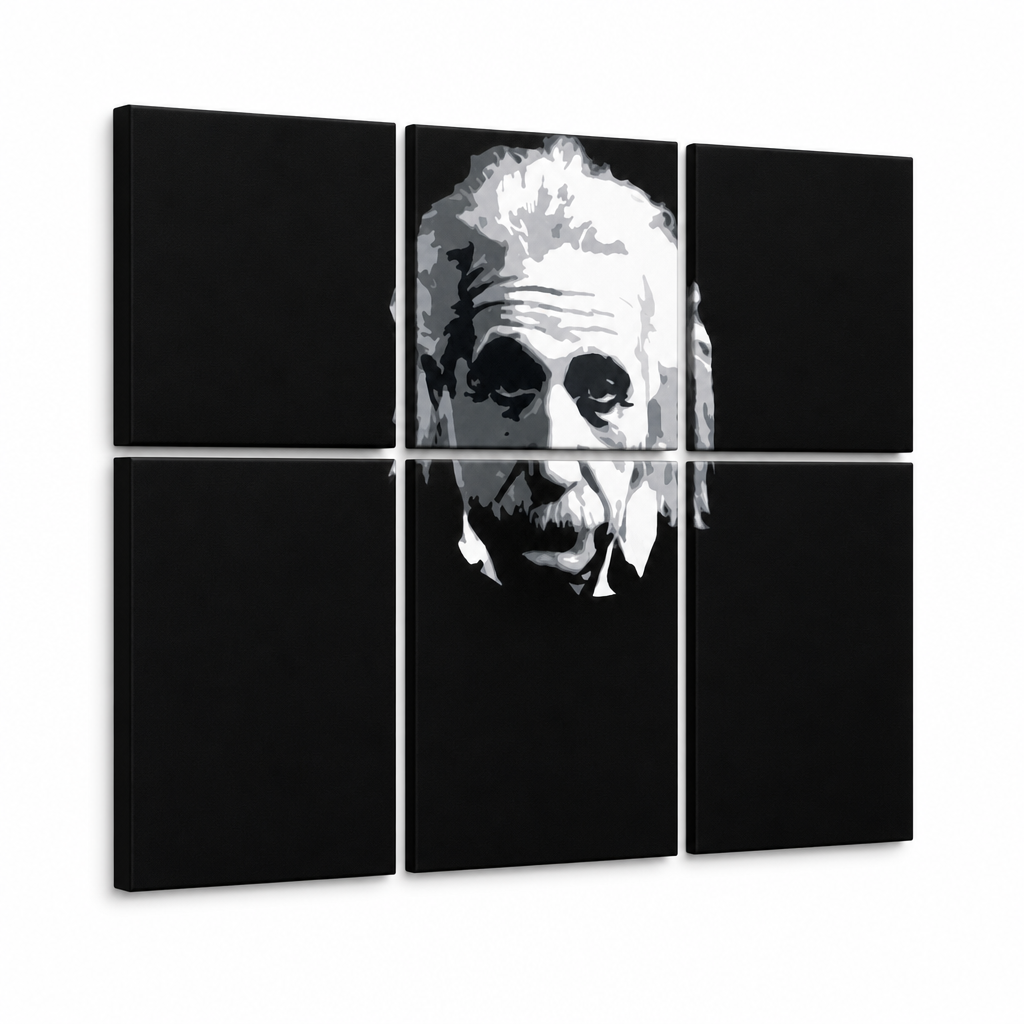 Dipinto a mano POP Art Einstein 6 parti einstein – Visualizzazione 3D del quadro dipinto a mano su sfondo bianco. Colori dominanti: nero, bianco, grigio.