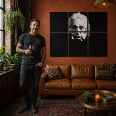 Dipinto a mano POP Art Einstein 6 parti einstein – quadro in un moderno interno maschile, visualizzazione lifestyle. Colori dominanti: nero, bianco, grigio.