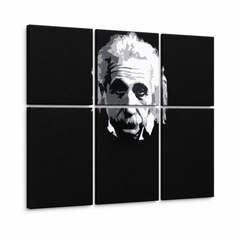 Dipinto a mano POP Art Einstein 6 parti einstein – Visualizzazione 3D del quadro dipinto a mano su sfondo bianco. Colori dominanti: nero, bianco, grigio.
