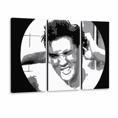 Dipinto a mano POP Art ELVIS 3 pezzi el2 – Visualizzazione 3D del quadro dipinto a mano su sfondo bianco. Colori dominanti: nero, bianco, giallo.
