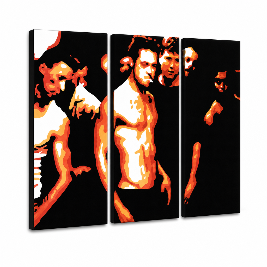 Dipinto a mano POP Art Fight Club 3 parti fc2 – Visualizzazione 3D del quadro dipinto a mano su sfondo bianco. Colori dominanti: nero, arancione, bianco.