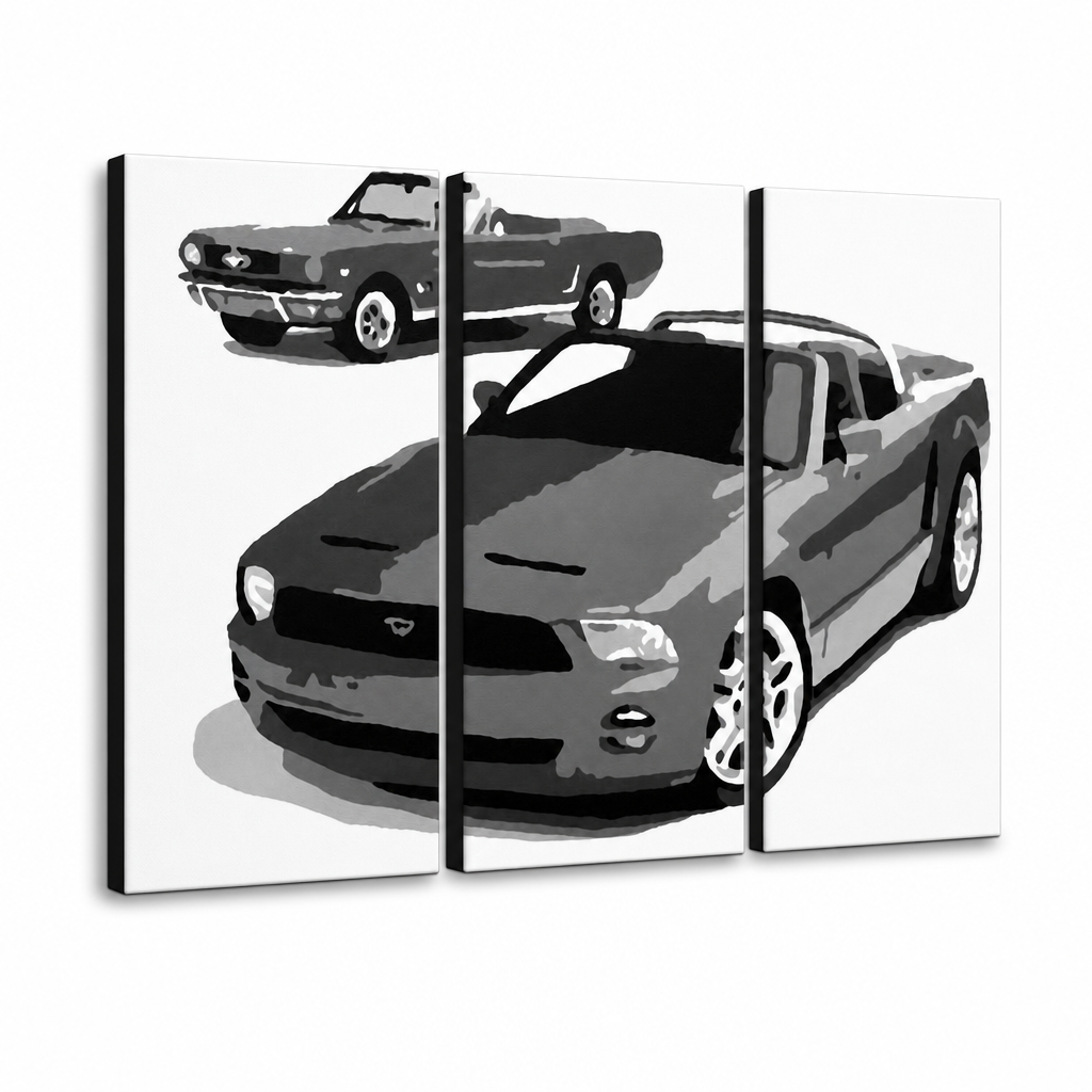 Dipinto a mano POP Art FORD MUSTANG 3 pezzi fm2 – Visualizzazione 3D del quadro dipinto a mano su sfondo bianco. Colori dominanti: nero, bianco, grigio.