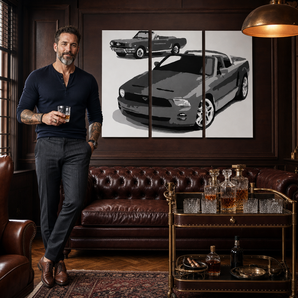 Dipinto a mano POP Art FORD MUSTANG 3 pezzi fm2 – quadro in un moderno interno maschile, visualizzazione lifestyle. Colori dominanti: nero, bianco, grigio.