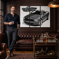 Dipinto a mano POP Art FORD MUSTANG 3 pezzi fm2 – quadro in un moderno interno maschile, visualizzazione lifestyle. Colori dominanti: nero, bianco, grigio.