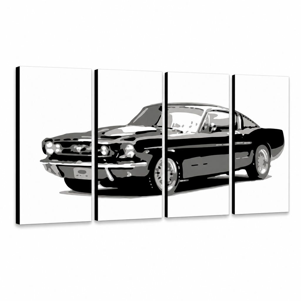 Dipinto a mano POP Art Ford Mustang 4 pezzi fm – Visualizzazione 3D del quadro dipinto a mano su sfondo bianco. Colori dominanti: nero, grigio, bianco.